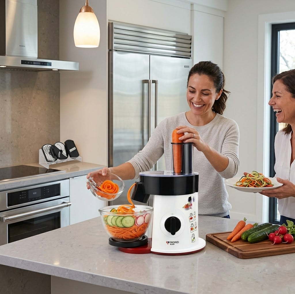 Equipped with precision-honed stainless steel rotary blades that glide through tough root vegetables, blocks of parmesan, and cabbage heads without jamming.